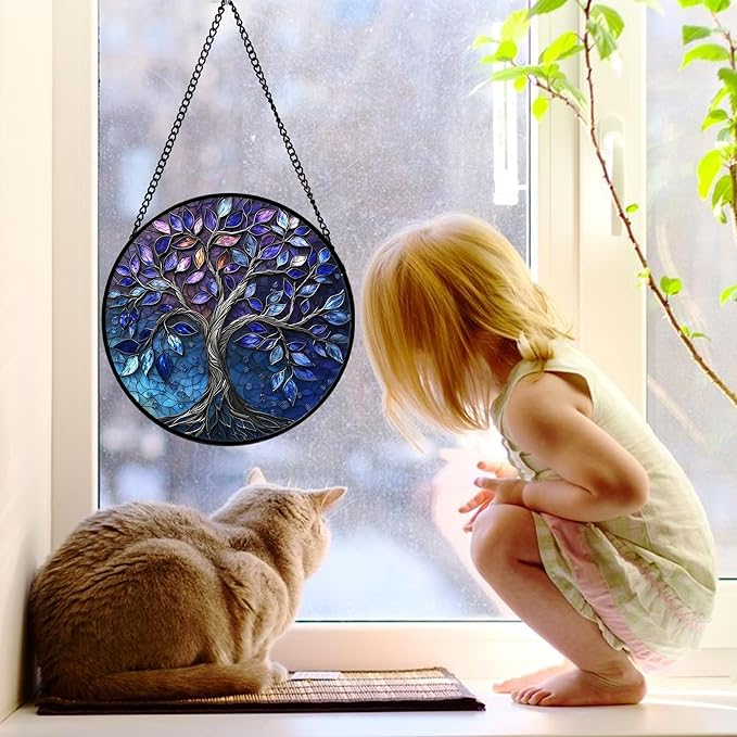 Stained Glass Window Hanging, Blue Purple Tree of Life Sun Catchers Colorful Glass Panel Plants Suncatcher Decor for Birthday for Women,Men,Wife, Lovers, and Mom 9.8 in