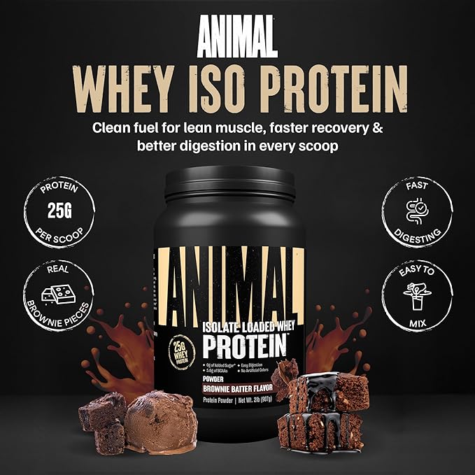 Animal Whey Isolate Protein Powder - Loaded for Pre & Post Workout Muscle Builder and Recovery with Digestive Enzymes for Men & Women - 25g Protein, Great Taste, Low Sugar - Brownie Batter 2 lbs