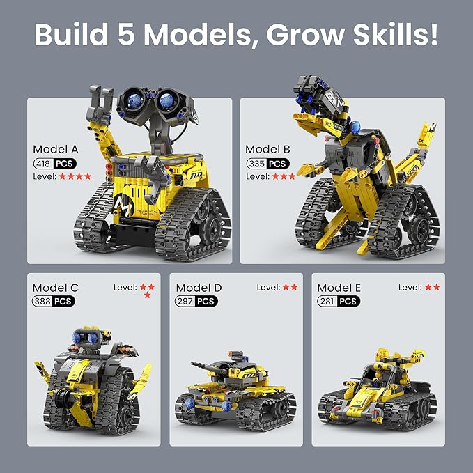 STEM Robot Building Kit Gift for Boys Ages 8-12 with Remote Control, Technic Coding Robotic Toy for Kids’ Birthday, Buildable 5-in-1 Models with 488 Pieces