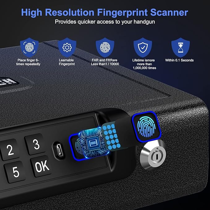 Gun Safe,Biometric Gun Safe for Pistols 3-Ways unlock Fingerprint Digital PIN Key Unlock with Sound, Lock box for Cloakroom living room Bedroom Nightstand and Car BILLCONCH