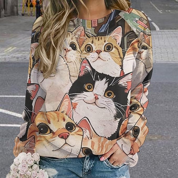 Long Sleeve Shirt Women Fall Cat Print Funny Hide Belly Vacation Plus Size Ladies Hippie Dressy Sweaters