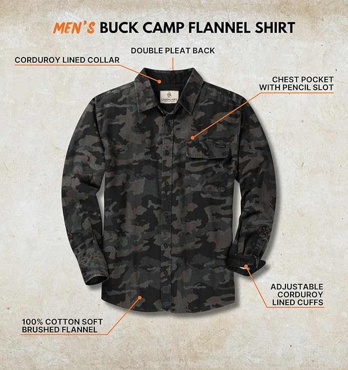 Legendary Whitetails Men's Flannel Shirt Long Sleeve Button Down 100% Cotton