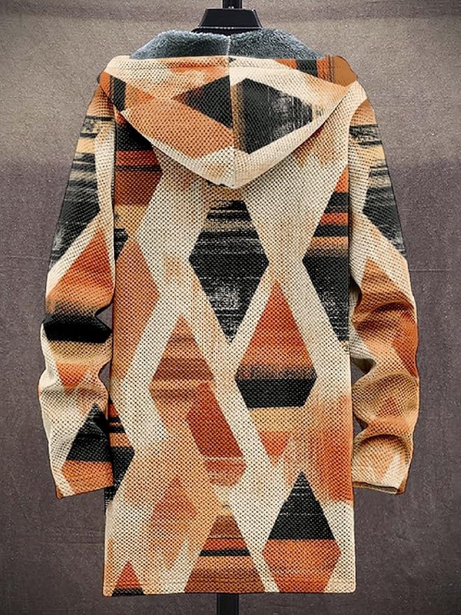 2025 Men's Ethnic Pattern Hooded Jacket Long Cardigan Hoodies Full Zip Vintage Knitted Zipper Coat with Pocket
