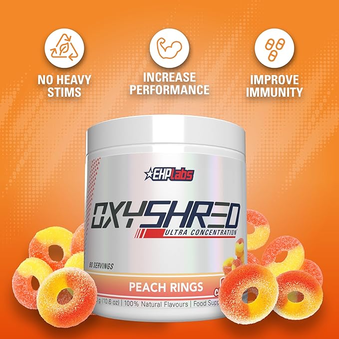 EHP Labs OxyShred Pre Workout Powder - Preworkout Powder with L Glutamine & Acetyl L Carnitine, Energy Boost Drink - Peach Candy Rings, 60 Servings