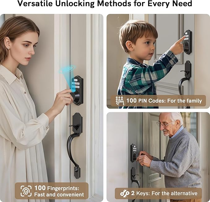APP Fingerprint Door Lock Set, Keyless Entry Door Lock, Front Handle Set, Electronic Keypad Deadbolt with 2 Keys, Auto-Locking, One-time Codes, Easy to Install (Black, APP Control)
