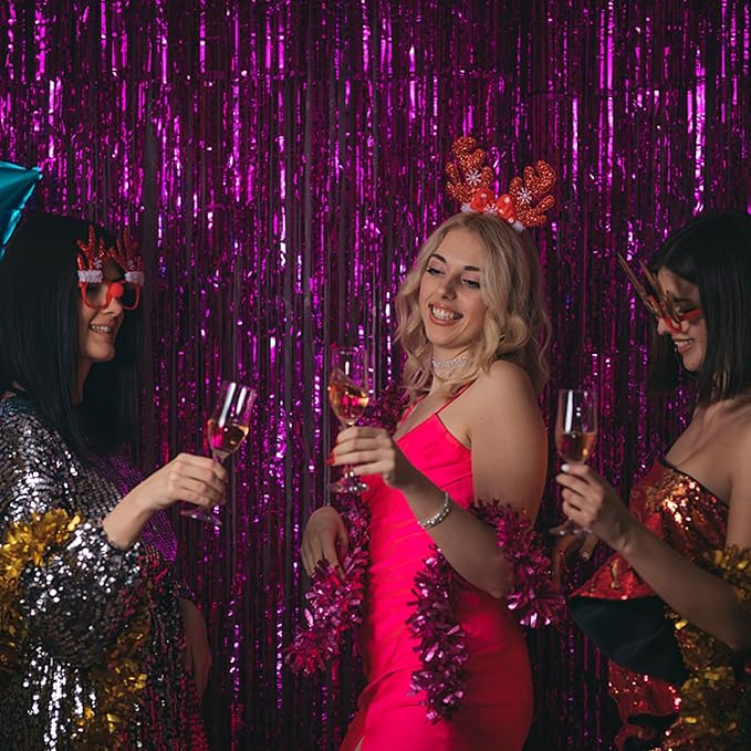 BOMSI 5 Pack Hot Pink Party Decorations - Tinsel Curtain Streamers Foil Fringe Backdrop for Birthday, Christmas, Bachelorette, Graduation, Fiesta Photo Booth