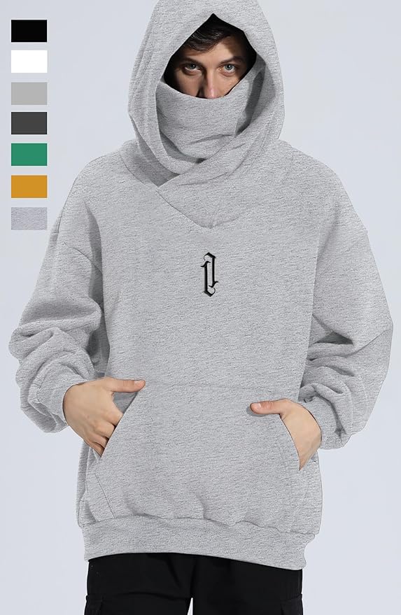 Fleece Hoodies for Men Cowl Neck Sweatshirts Hood with neck Gaiter Casual Pullover Fall Winter with Embroidery