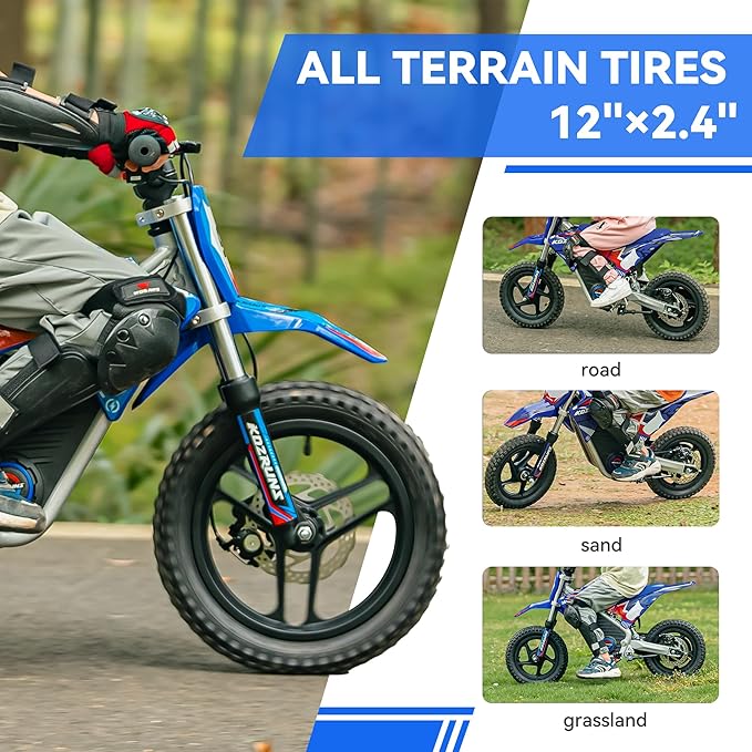 Racing Grade Electric Dirt Bike for Kids, Peak 500W Powerful Motorcycle for Ages 5-10, 36V 5.2Ah Lithium Battery, Dual Shock Absorption, 3 Speed Modes, Safe Disc Brake, 14 inch Off Road Tires, Blue