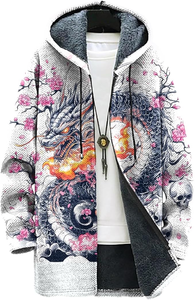 MARSVOVO Long Hooded Cardigan Men Japanese Art Style Fashion Cool Graphic Streetwear Winter Warm Lined Fleece Jacket