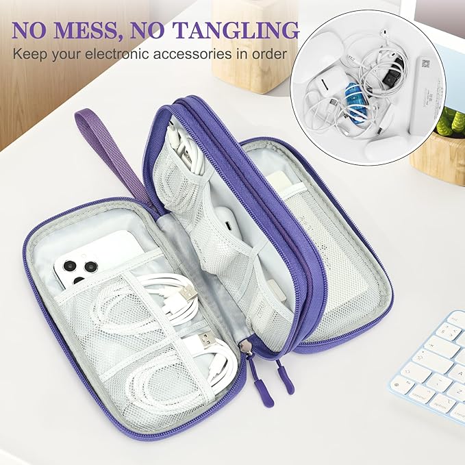 FYY Electronic Organizer, Travel Cable Organizer Bag Pouch Electronic Accessories Carry Case Portable Waterproof Double Layers Storage Bag for Cable, Charger, Phone, Earphone, Medium Size- Purple