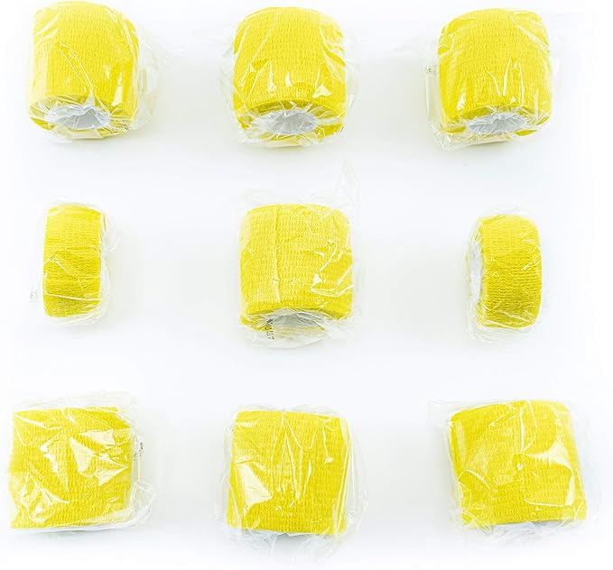FRESINIDER 9 Rolls Self Adhesive Wrap Athletic Tape Gauze, Breathable Elastic Cohesive Bandage for Sports Injury & Pet (7 Pcs 2" x 5 Yards + 2 Pcs 1" X 5 Yards) (Yellow)