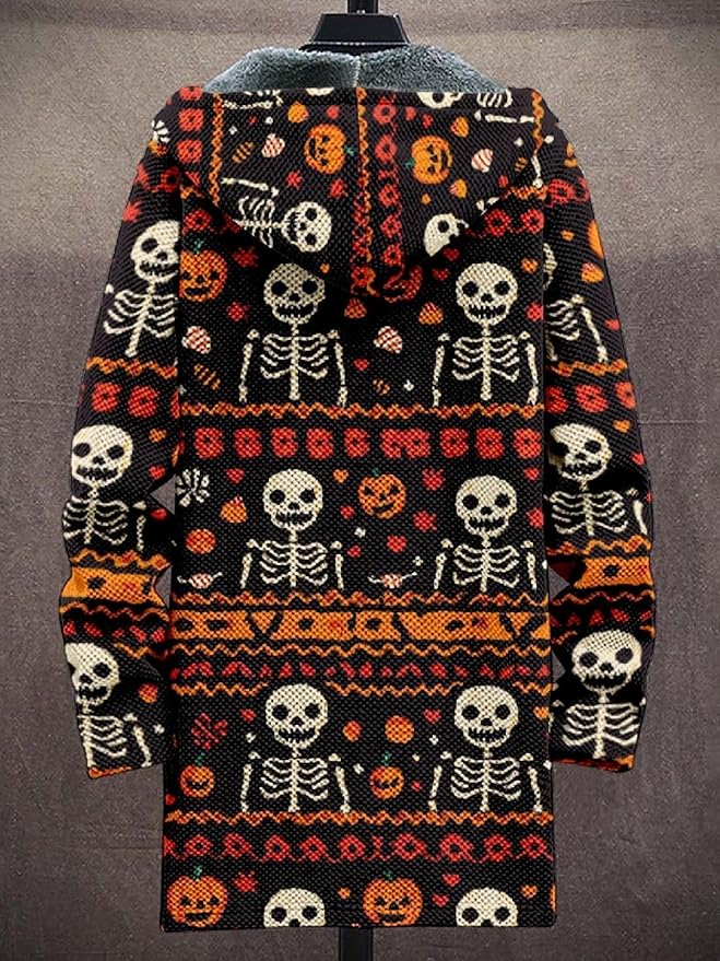 2025 Men's Ethnic Pattern Hooded Jacket Long Cardigan Hoodies Full Zip Vintage Knitted Zipper Coat with Pocket