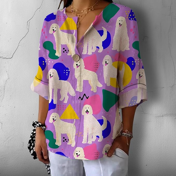 Fashion Shirts for Women Loose Fit Button Down V Neck Blouse 3/4 Sleeves Casual Tunic Tops Summer Outfits