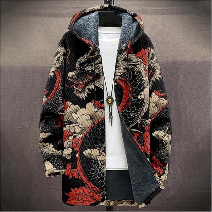 Mens Hooded Cardigan Japanese Art Zip Up Long Sleeve Sweater Hoodie Dragon Print Coat with Pockets