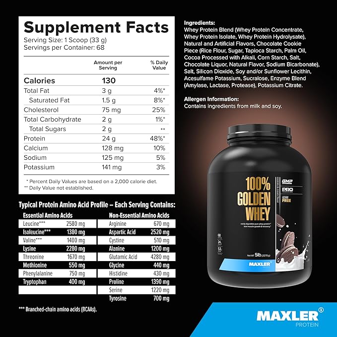 Maxler 100% Golden Whey Protein - 24g of Protein per Serving - Whey Protein Powder for Pre Post Workout - Fast-Absorbing Whey Concentrate, Isolate & Hydrolysate Blend - Cookies & Cream 5 lb