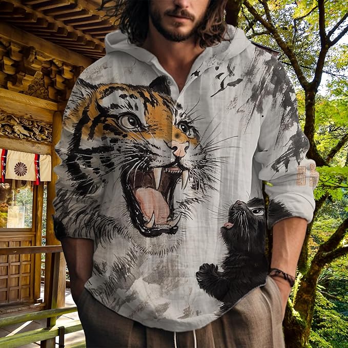 MARSVOVO Hooded Long Sleeve Shirt Men Fashion Graphic Button Up Lightweight Big and Tall Casual Vacation Shirts for Men