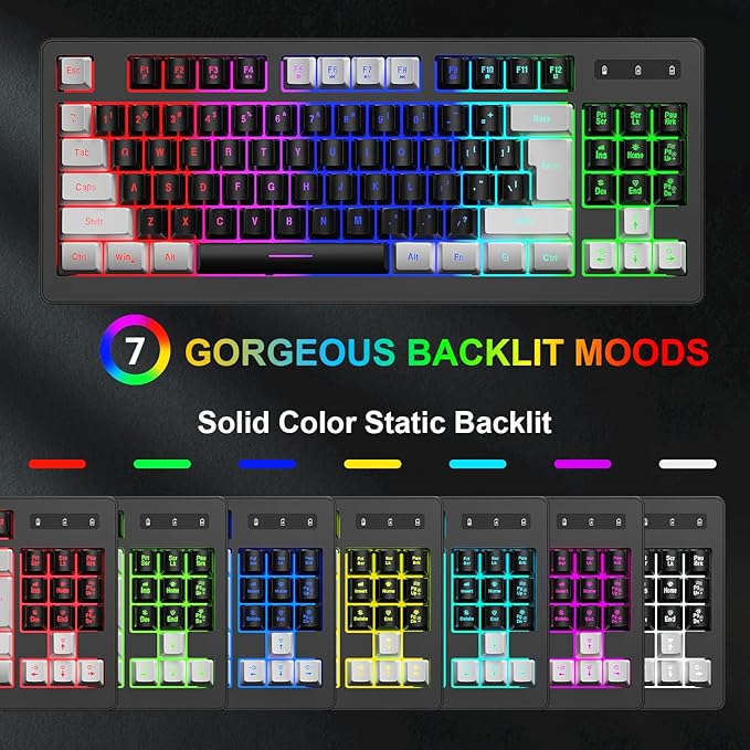 BlueFinger Wireless Gaming Keyboard and Mouse Combo, RGB Rainbow Backlit Rechargeable Battery, 87 Keys TKL Light Up Keyboard with Ergonomic Gaming Mouse for Mac Laptop Computer PC Gamer(White & Black)