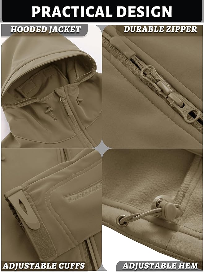 TACVASEN Men's Special Ops Military Tactical Soft Shell Winter Warm Fleece Lined Jacket Rain Hood Coat Hiking Snowboard