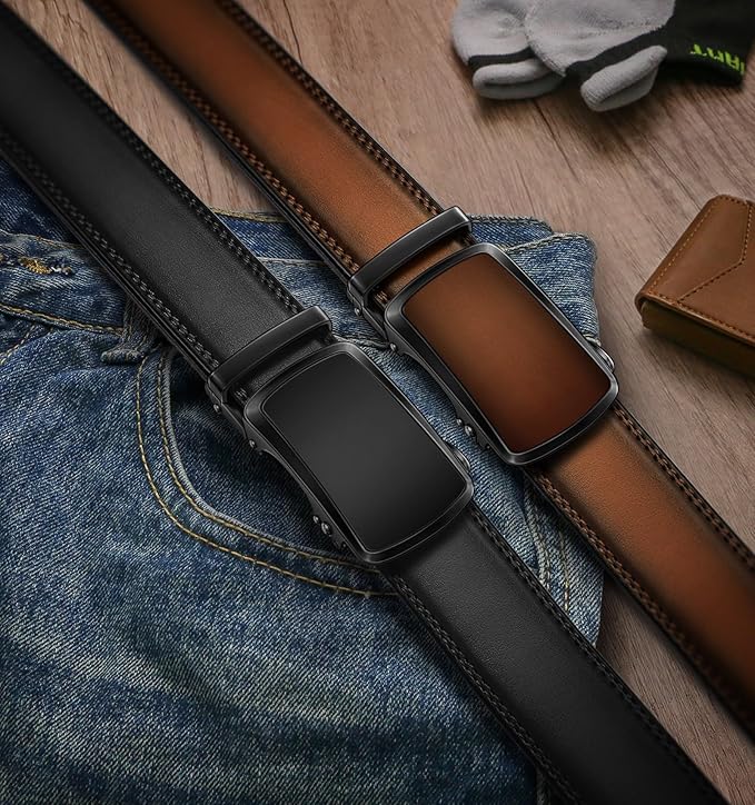 BULLIANT Men's Ratchet Belt 2 Pack-Click Leather Belt Adjustable for Men Gift 1 3/8-Cut for Perfect Fit