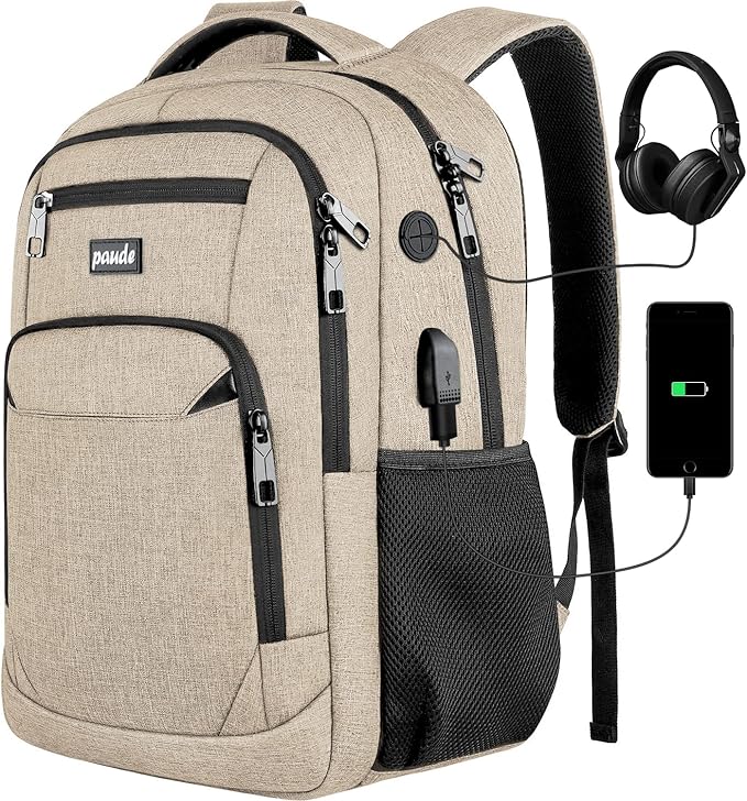 Paude Backpack for School, Laptop, Teens 17.3 Inch College Backpack for University, Business, Work, Travel - Beige