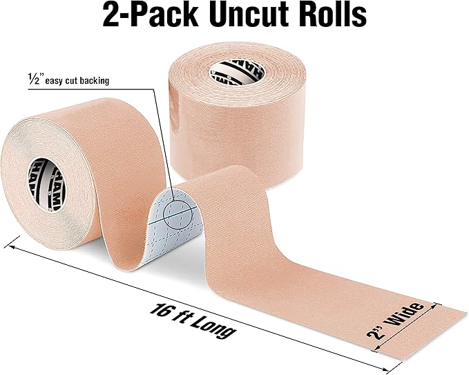 Hampton Adams | As Seen on Shark Tank | Elastic Kinesiology Tape (2-Pack) | Uncut Athletic Tape Supports & Protects Muscles Knees Shoulders & Plantar Fasciitis | Waterproof Hypoallergenic (Beige)