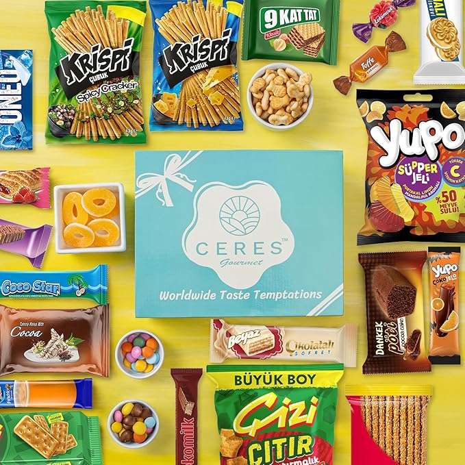 Ceres Gourmet International Exotic Snack Box Variety Pack, 20 Pieces of Foreign Snacks with Surprise Item, Turkish & European Treats Gift Box for Adults and Kids – Christmas, Thanksgiving & Holiday (Midi)