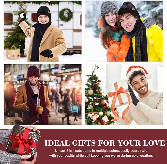 FZ FANTASTIC ZONE Mens Winter Knit Hat Beanie Long Neck Scarf Touchscreen Gloves Set Fleece Skull Caps Gifts for Men Women