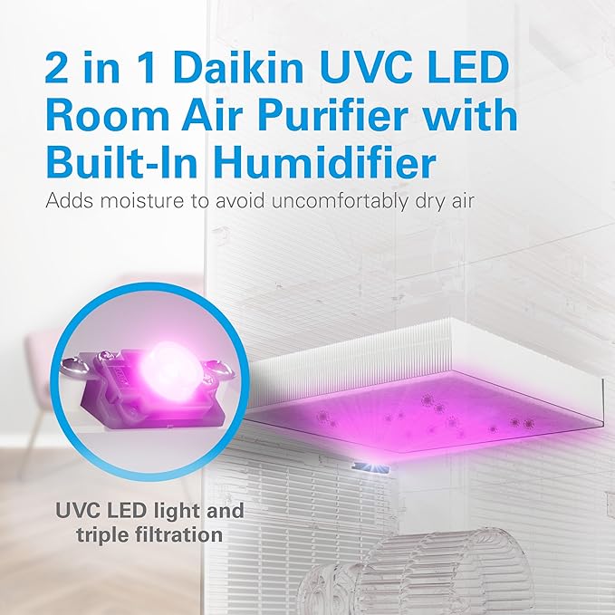 Daikin MCKB70YSAU Room Air Purifier for Home, HEPA, Activated Carbon, Pre-Filter and UVC LED Light, Zero Ozone Product, CARB Certified, 12.5 x 12.5 x 30 in