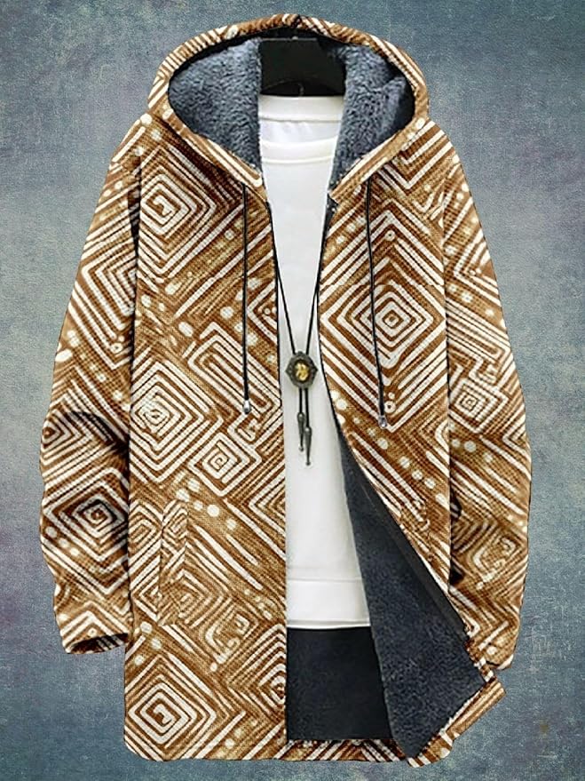 2025 Men's Ethnic Pattern Hooded Jacket Long Cardigan Hoodies Full Zip Vintage Knitted Zipper Coat with Pocket