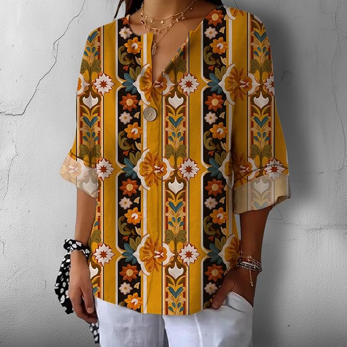 Fashion Shirts for Women Loose Fit Button Down V Neck Blouse 3/4 Sleeves Casual Tunic Tops Summer Outfits
