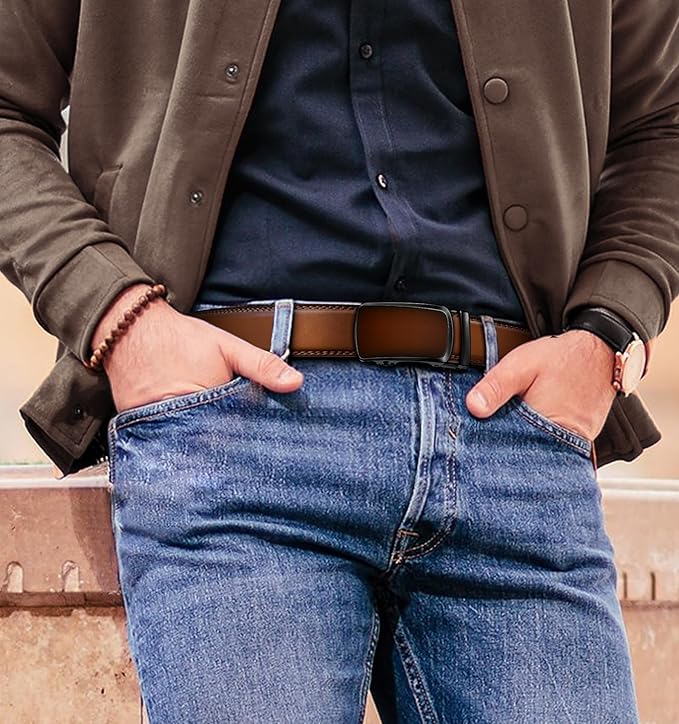 BULLIANT Men's Ratchet Belt 2 Pack-Click Leather Belt Adjustable for Men Gift 1 3/8-Cut for Perfect Fit