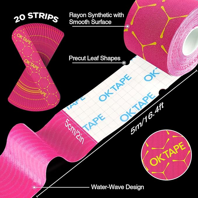 OK TAPE Synthetic Kinesiology Tape Precut Strips, Waterproof Kinesiology Athletic Tape for Muscle Support and Recovery, Reduce Muscle Discomfort Tape, Durable, 2in×16.4ft Roll 20PCS | Pink