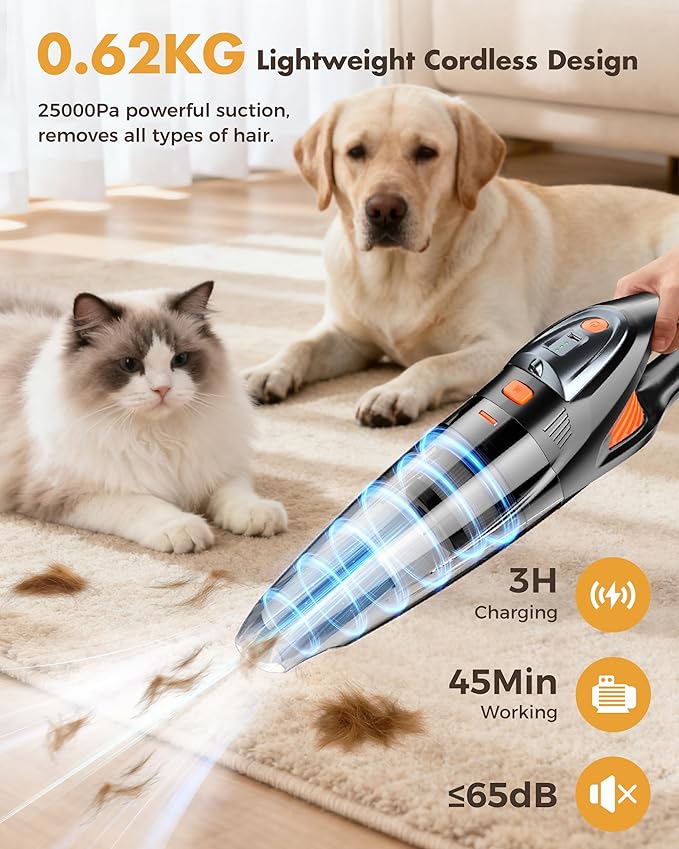 Handheld Vacuum Cordless 25000PA Powerful Suction, Portable Car Vacuum, 3 in 1 Hand Held Vacuum Rechargeable 8000mAh with LED Light, HEPA Filter, Home, Car Seats, Office, Pet Hair, Dust Buster