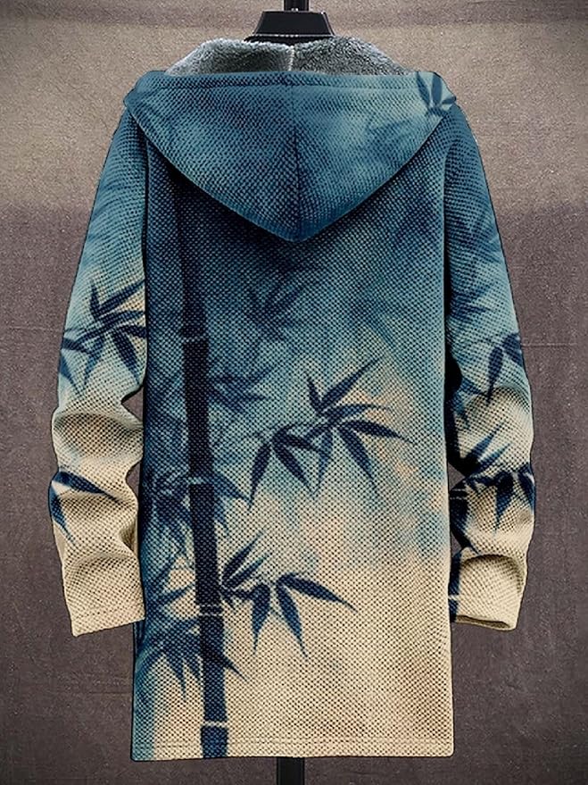 2025 Men's Ethnic Pattern Hooded Jacket Long Cardigan Hoodies Full Zip Vintage Knitted Zipper Coat with Pocket