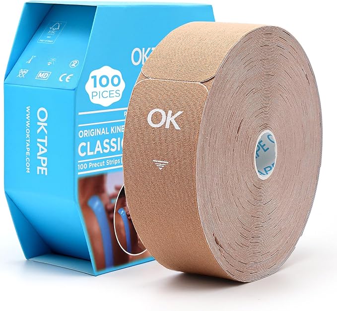 OK TAPE Kinesiology Tape Pre Cut Strips Bulk (100 PCS),Elastic Cotton Latex Free Hypoallergenic Athletic Tape Roll for Muscle Joint Knee,Waterproof k Tape 2in×10in/PCS