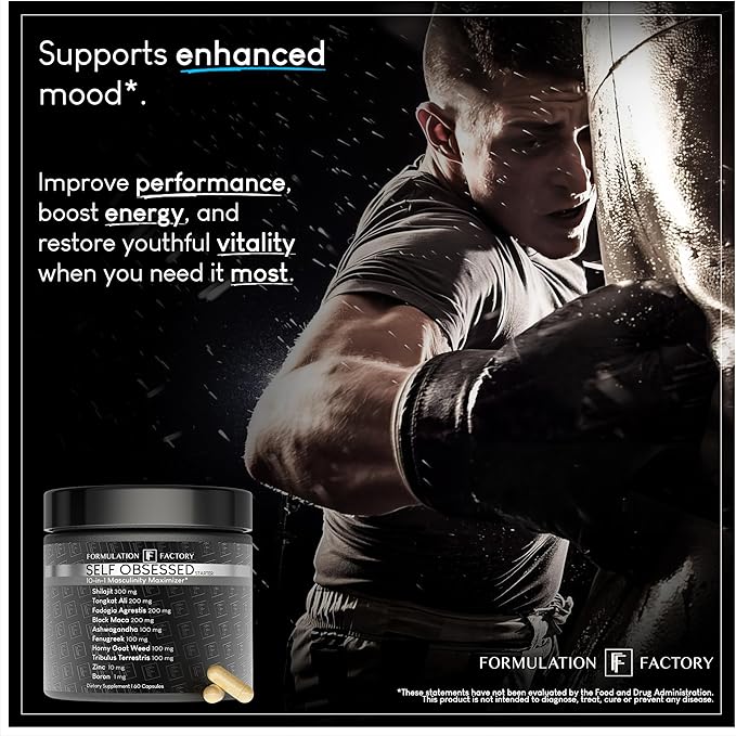 Formulation Factory Self Obsessed Starter 10-in-1 Masculinity Maximizer Supplement for Men with Shilajit, Tongkat Ali, Ashwagandha, Fenugreek to Support Muscle, Drive, Strength 60 Count (Pack of 1)