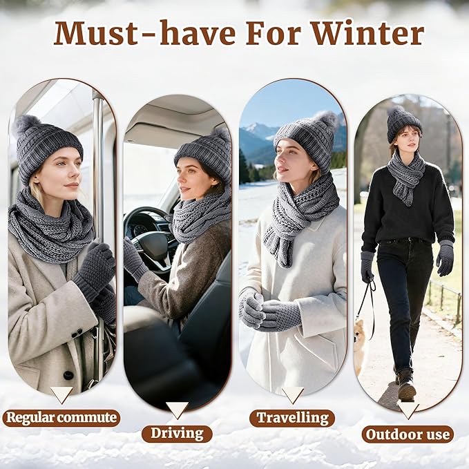 Winter Hat Scarf Gloves Set for Women, Warm Knit Beanie, Touch Screen Gloves and Soft Neck Warmer