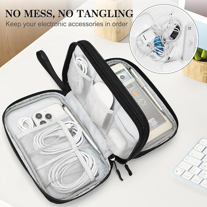 FYY Electronic Organizer, Large Travel Cable Organizer Bag Pouch Electronic Accessories Carry Case Portable Waterproof Double Layers All-in-One Storage Bag for Cable, Cord, Charger, Pattern Black