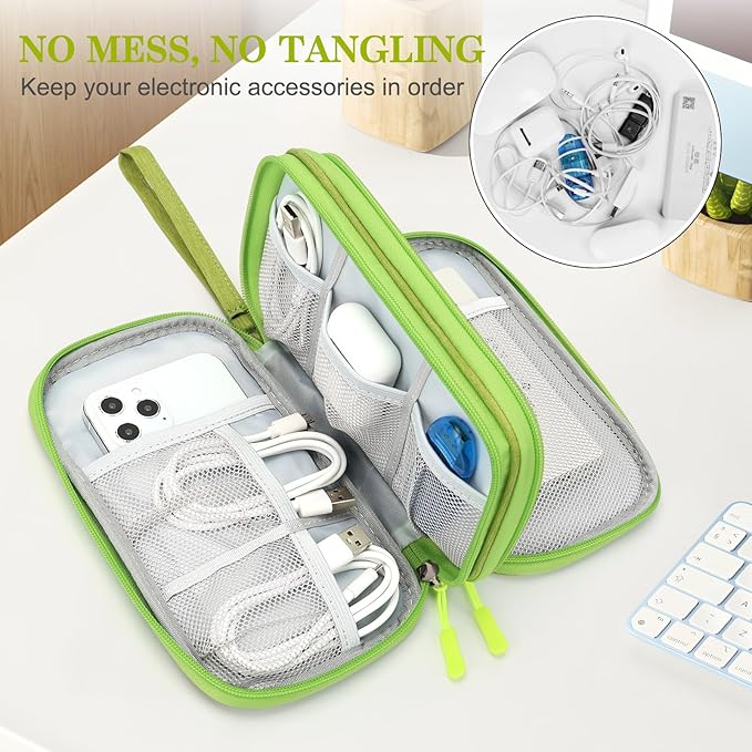 FYY Electronic Organizer, Travel Cable Organizer Bag Pouch Electronic Accessories Carry Case Portable Waterproof Double Layers Storage Bag for Cable, Cord, Charger, Phone, Earphone, Medium Size Green