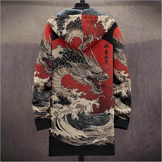 Mens Hooded Cardigan Japanese Art Zip Up Long Sleeve Sweater Hoodie Dragon Print Coat with Pockets