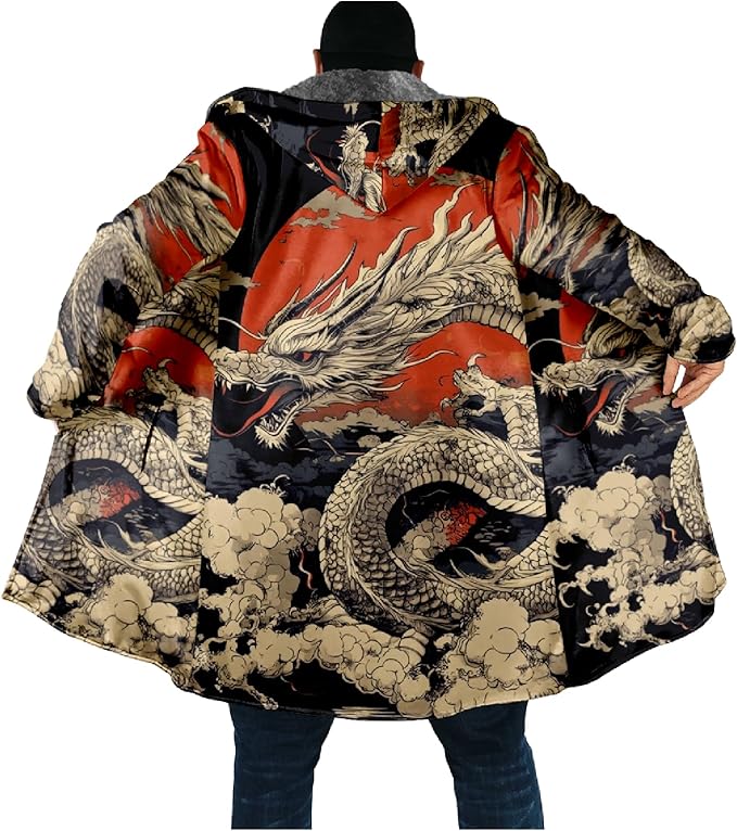 Mens Hooded Cardigan Japanese Art Zip Up Long Sleeve Sweater Hoodie Dragon Print Coat with Pockets