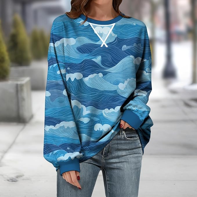 Womens Sweatshirts Fahsion Floral Print Long Sleeve Comfy Fall Tops Oversized Casual Crewneck Pullover Shirts