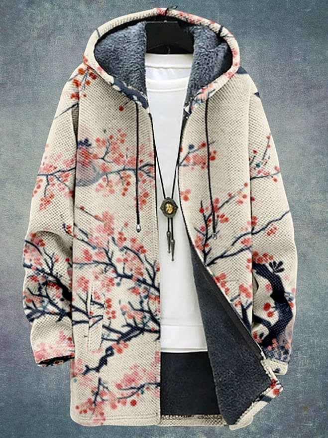 2025 Men's Ethnic Pattern Hooded Jacket Long Cardigan Hoodies Full Zip Vintage Knitted Zipper Coat with Pocket