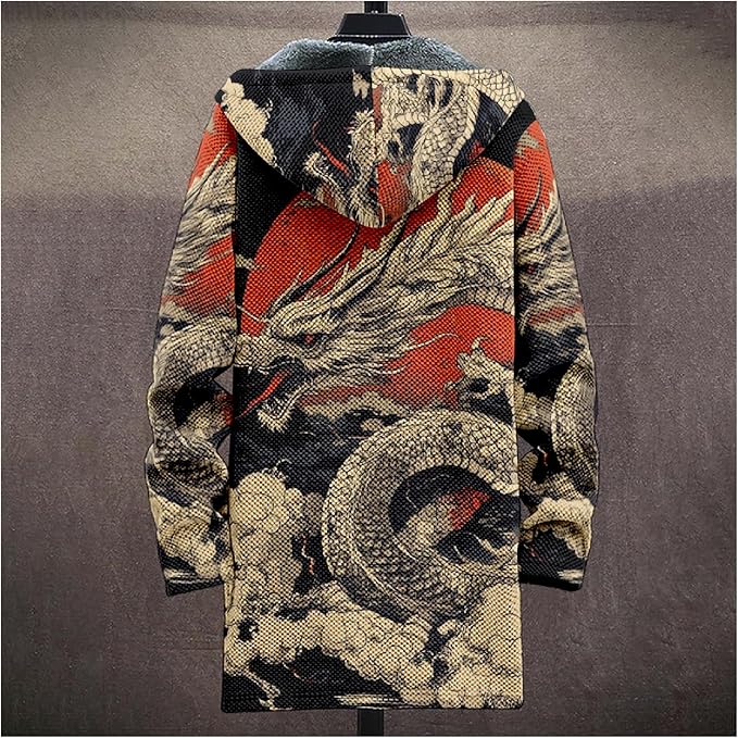 Mens Hooded Cardigan Japanese Art Zip Up Long Sleeve Sweater Hoodie Dragon Print Coat with Pockets