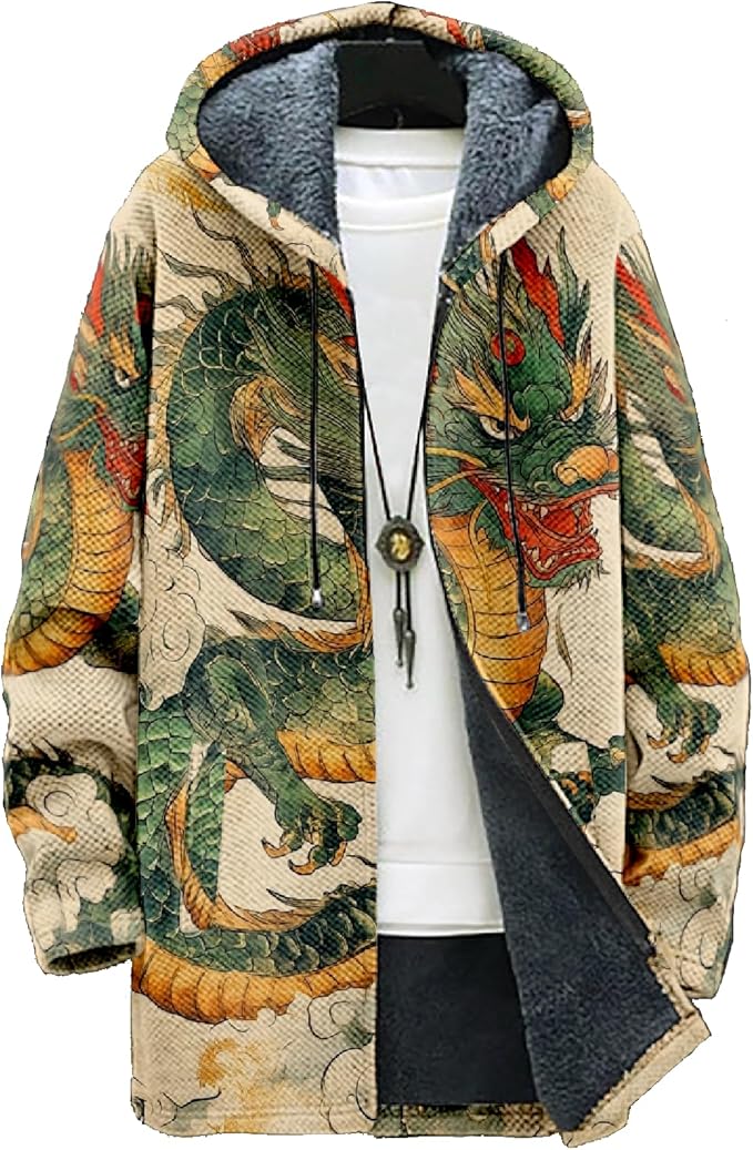 Mens Hooded Cardigan Japanese Art Zip Up Long Sleeve Sweater Hoodie Dragon Print Coat with Pockets