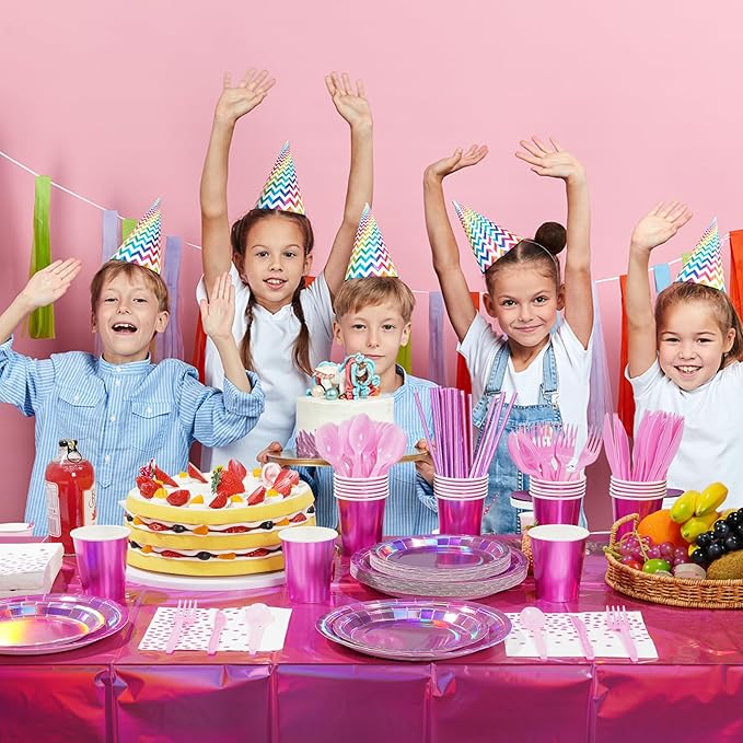 Iridescent Pink Party Supplies Decorations Serve 25, Hot Pink Holographic Paper Plates and Napkins Set, Disposable Pink Paper Plates Cups Knives Spoons Fork for Mermaid Disco Birthday Graduation Party