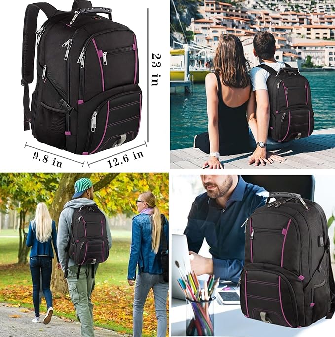 LTINVECK Extra Large Backpack,TSA Friendly Travel Laptop Computer Backpack for Men Women with USB Charging Port,RFID Water Resistant Big Business Backbag Fits 17.3 Inch Laptops,Purple