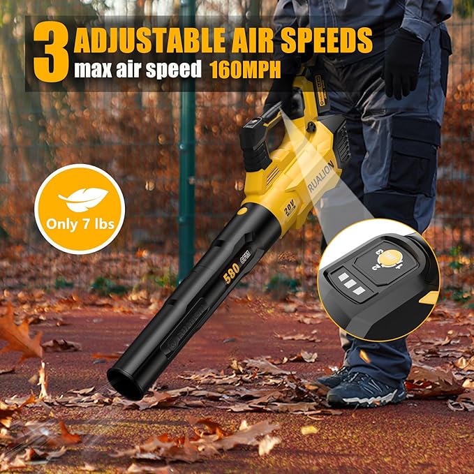 Leaf Blower Cordless, Electric Leaf Blowers Up to 580 CFM 160 MPH, Battery Powered Blowers for Lawn Care, Patio, Garage(2 * 20V 4.0 Ah Batteries and Charger Included)