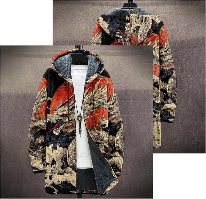 Mens Hooded Cardigan Japanese Art Zip Up Long Sleeve Sweater Hoodie Dragon Print Coat with Pockets