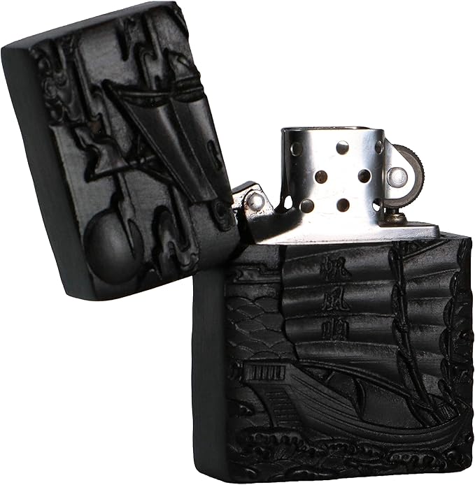 Natural Ebony Black Wood Carved Lighter Shell Box For Zippo Module (Sailing Boat)